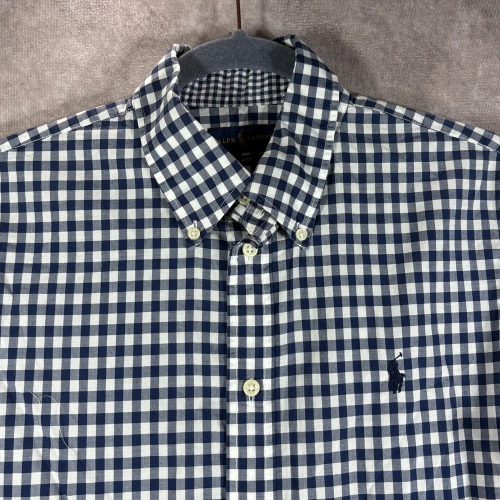 Ralph Lauren Button Down Shirt Boys Size 12 Navy Gingham Slim Fit Cotton Classic